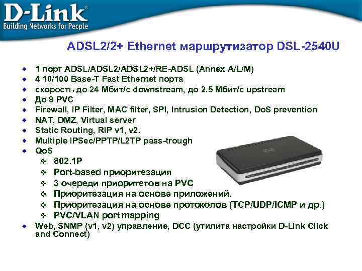 ADSL 2/2+ Ethernet маршрутизатор DSL-2540 U 1 порт ADSL/ADSL 2+/RE-ADSL (Annex A/L/M) 4 10/100