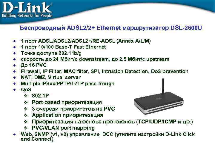 Беспроводный ADSL 2/2+ Ethernet маршрутизатор DSL-2600 U 1 порт ADSL/ADSL 2+/RE-ADSL (Annex A/L/M) 1