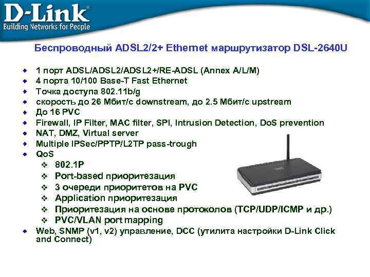 Беспроводный ADSL 2/2+ Ethernet маршрутизатор DSL-2640 U 1 порт ADSL/ADSL 2+/RE-ADSL (Annex A/L/M) 4