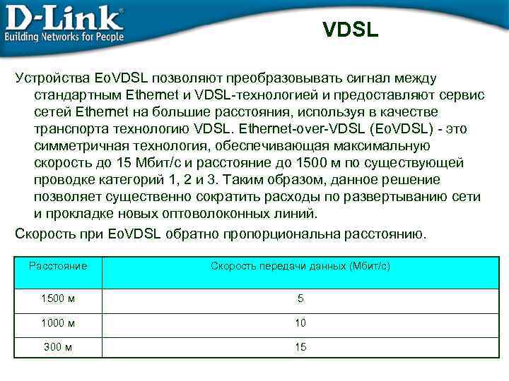 VDSL Устройства Eo. VDSL позволяют преобразовывать сигнал между стандартным Ethernet и VDSL-технологией и предоставляют