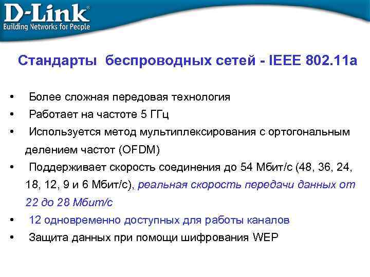 Стандарты беспроводных сетей - IEEE 802. 11 a • Более сложная передовая технология •