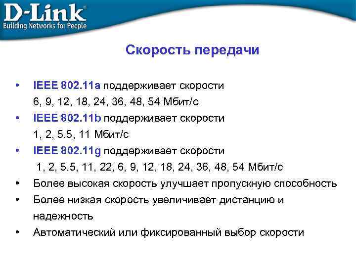 Скорость передачи • IEEE 802. 11 a поддерживает скорости 6, 9, 12, 18, 24,