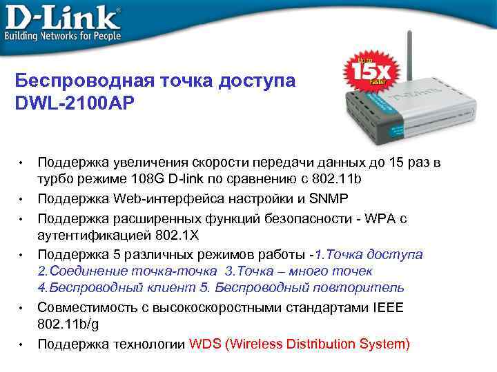 Беcпроводная точка доступа DWL-2100 AP • • • Поддержка увеличения скорости передачи данных до