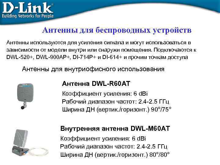 Антенны для беспроводных устройств Антенны используются для усиления сигнала и могут использоваться в зависимости