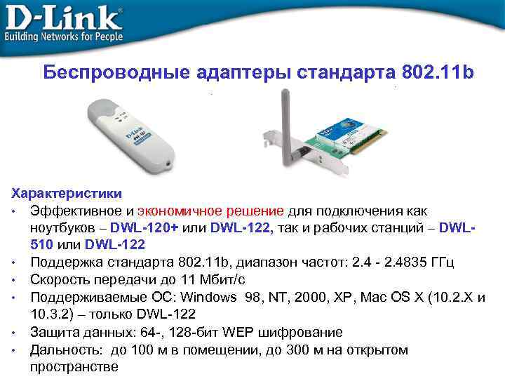 Беспроводные адаптеры стандарта 802. 11 b Характеристики • Эффективное и экономичное решение для подключения