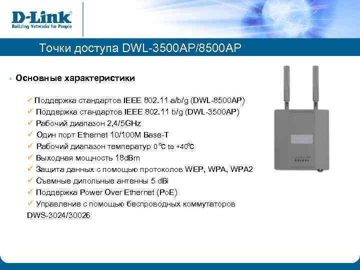 Точки доступа DWL-3500 AP/8500 AP • Основные характеристики ü Поддержка стандартов IEEE 802. 11