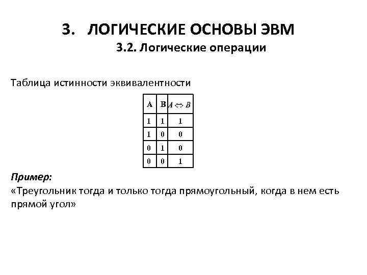 3. ЛОГИЧЕСКИЕ ОСНОВЫ ЭВМ 3. 2. Логические операции Таблица истинности эквивалентности А В 1