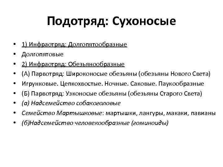 Подотряд: Сухоносые • • • 1) Инфраотряд: Долгопятообразные Долгопятовые 2) Инфраотряд: Обезьянообразные (А) Парвотряд: