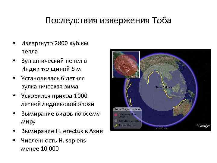 Последствия извержения Тоба • Извергнуто 2800 куб. км пепла • Вулканический пепел в Индии