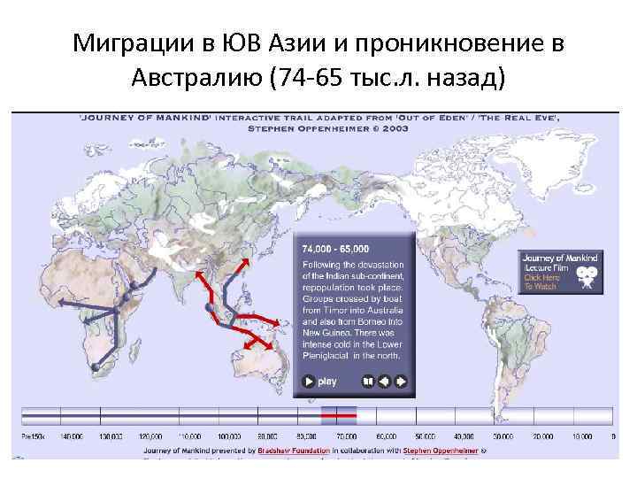 Миграции в ЮВ Азии и проникновение в Австралию (74 -65 тыс. л. назад) 