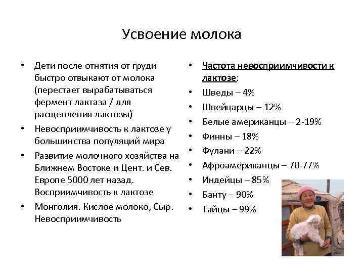 Усвоение молока • Дети после отнятия от груди быстро отвыкают от молока (перестает вырабатываться