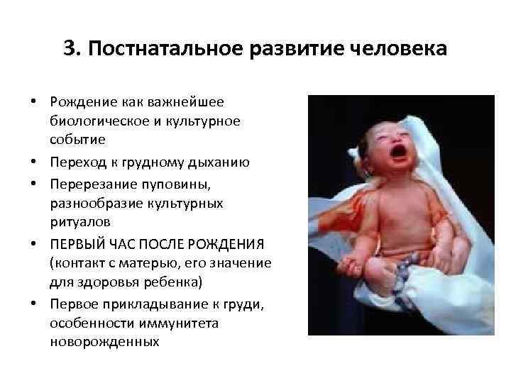 3. Постнатальное развитие человека • Рождение как важнейшее биологическое и культурное событие • Переход