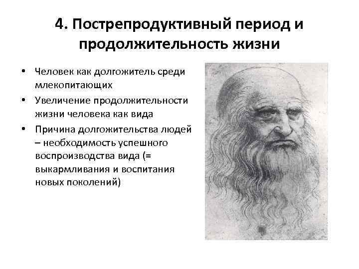 4. Пострепродуктивный период и продолжительность жизни • Человек как долгожитель среди млекопитающих • Увеличение