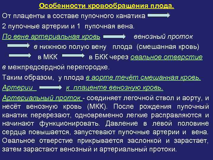 Особенности кровообращения плода. От плаценты в составе пупочного канатика 2 пупочные артерии и 1