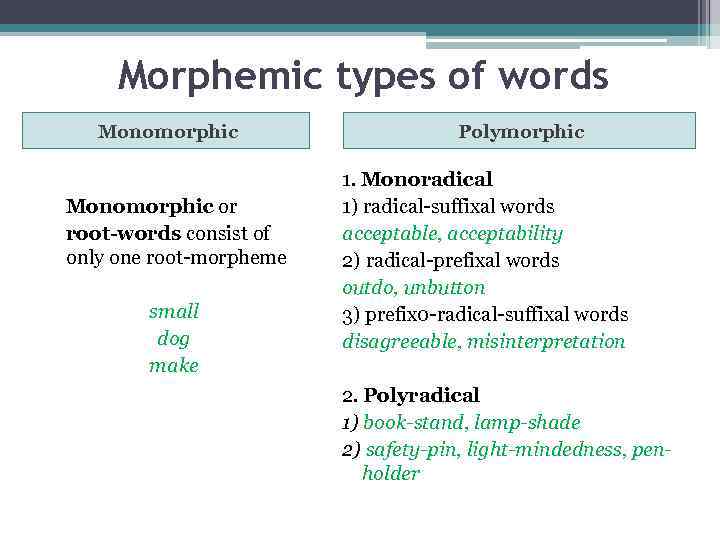 Morphemic types of words Monomorphic or root-words consist of only one root-morpheme small dog