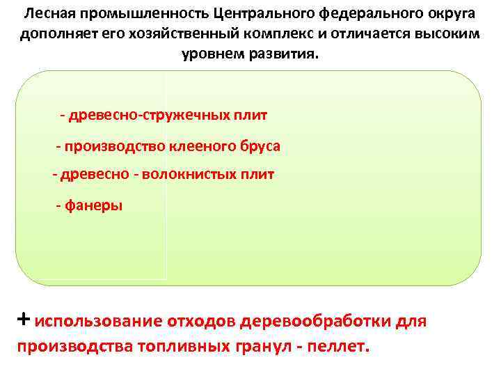 Лесная промышленность Центрального федерального округа дополняет его хозяйственный комплекс и отличается высоким уровнем развития.
