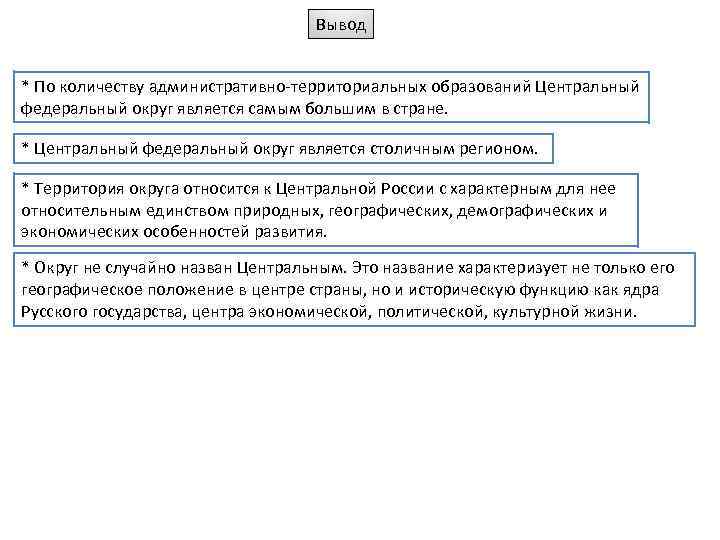 Вывод * По количеству административно-территориальных образований Центральный федеральный округ является самым большим в стране.