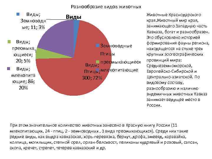 Разнообразие видов животных Виды; Земноводн ые; 11; 3% Виды; пресмыка ющиеся; 20; 5% Виды;