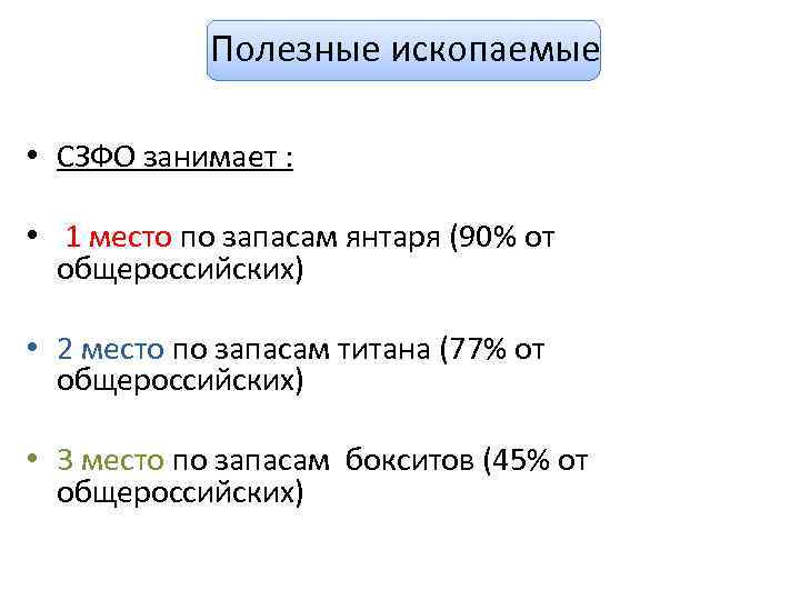 Полезные ископаемые • СЗФО занимает : • 1 место по запасам янтаря (90% от