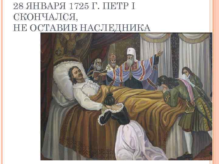 28 ЯНВАРЯ 1725 Г. ПЕТР I СКОНЧАЛСЯ, НЕ ОСТАВИВ НАСЛЕДНИКА 