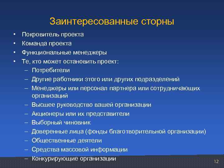 Заинтересованные сторны • • Покровитель проекта Команда проекта Функциональные менеджеры Те, кто может остановить