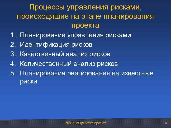 Процессы управления рисками, происходящие на этапе планирования проекта 1. 2. 3. 4. 5. Планирование