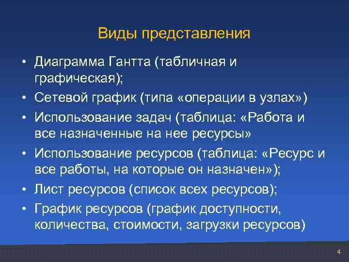 Виды представления • Диаграмма Гантта (табличная и графическая); • Сетевой график (типа «операции в