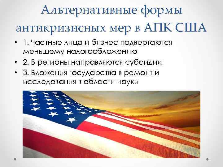 Альтернативные формы антикризисных мер в АПК США • 1. Частные лица и бизнес подвергаются