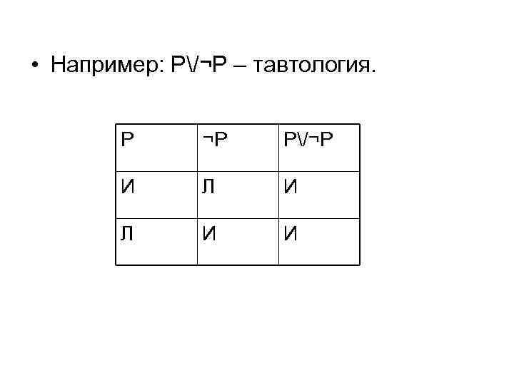  • Например: Р/¬Р – тавтология. Р ¬Р Р/¬Р И Л И И 