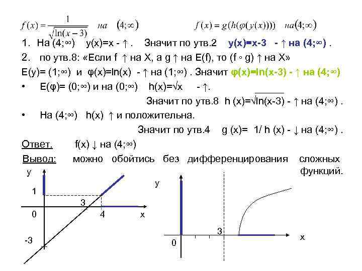 1. На (4; ∞) у(х)=х - ↑. Значит по утв. 2 у(х)=х-3 - ↑