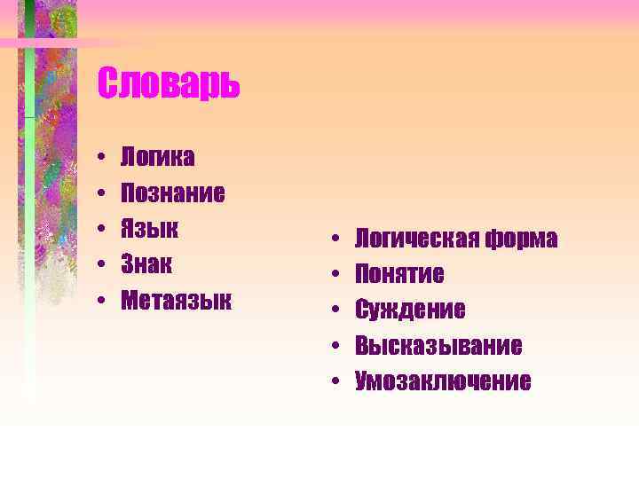 Словарь • • • Логика Познание Язык Знак Метаязык • • • Логическая форма