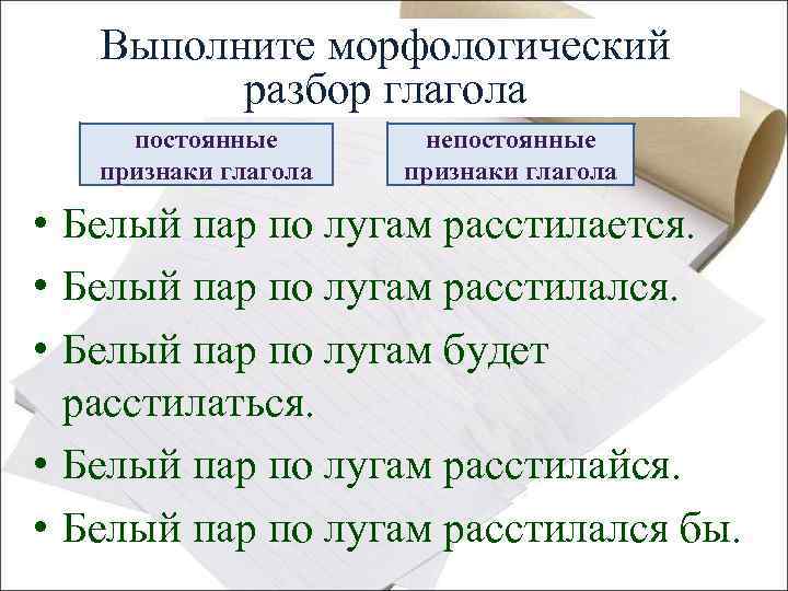 Выполните морфологический Рассмотрите примеры разбор глагола постоянные признаки глагола непостоянные признаки глагола • Белый
