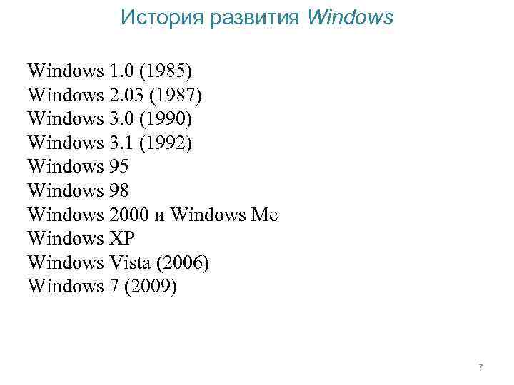 История развития Windows 1. 0 (1985) Windows 2. 03 (1987) Windows 3. 0 (1990)