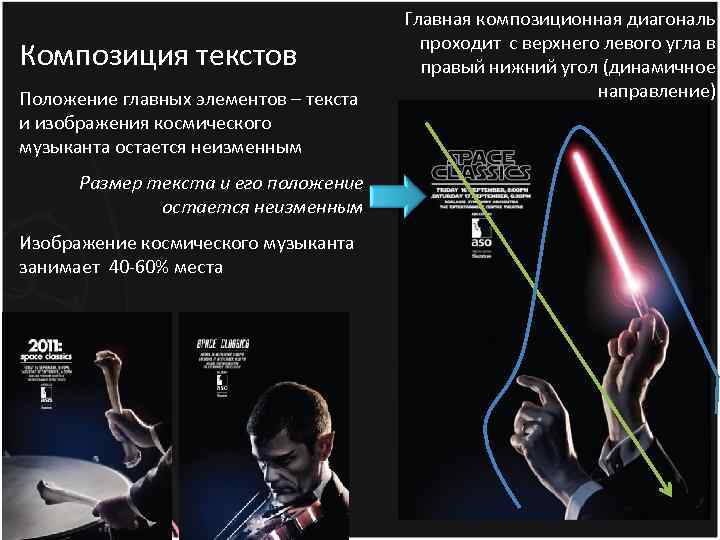 Композиция текстов Положение главных элементов – текста и изображения космического музыканта остается неизменным Размер