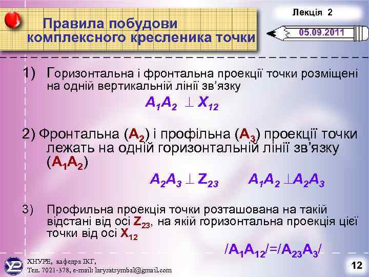 Правила побудови комплексного кресленика точки Лекція 2 05. 09. 2011 1) Горизонтальна і фронтальна