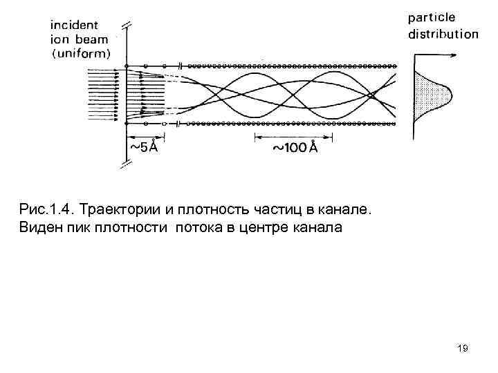 Рис. 1. 4. Траектории и плотность частиц в канале. Виден пик плотности потока в