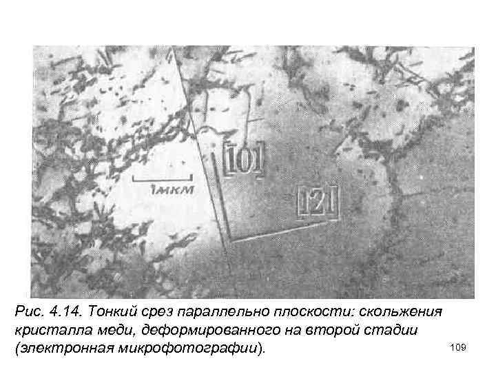 Рис. 4. 14. Тонкий срез параллельно плоскости: скольжения кристалла меди, деформированного на второй стадии