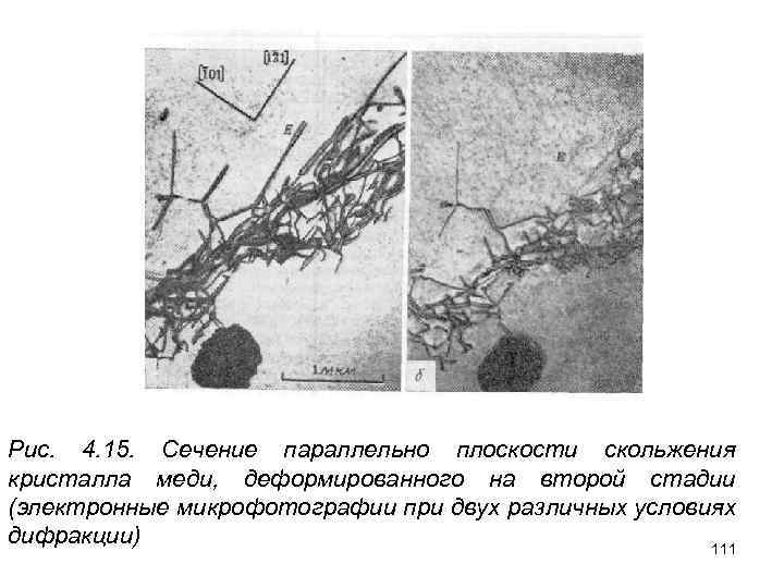 Рис. 4. 15. Сечение параллельно плоскости скольжения кристалла меди, деформированного на второй стадии (электронные