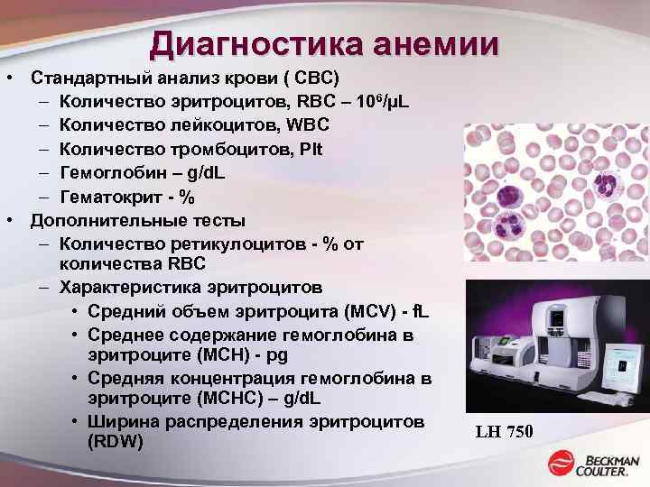 Диагностика анемии • Стандартный анализ крови ( CBC) – Количество эритроцитов, RBC – 106/µL