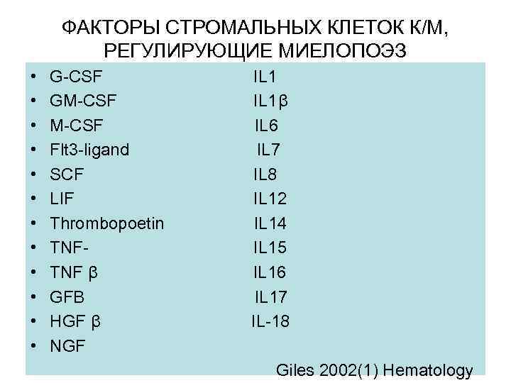 ФАКТОРЫ СТРОМАЛЬНЫХ КЛЕТОК К/М, РЕГУЛИРУЮЩИЕ МИЕЛОПОЭЗ • • • G-CSF GM-CSF Flt 3 -ligand