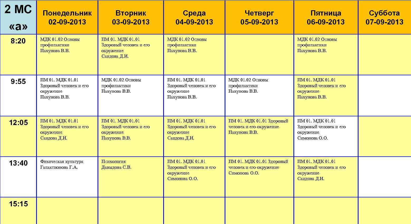 2 МС «а» Понедельник 02 -09 -2013 Вторник 03 -09 -2013 Среда 04 -09