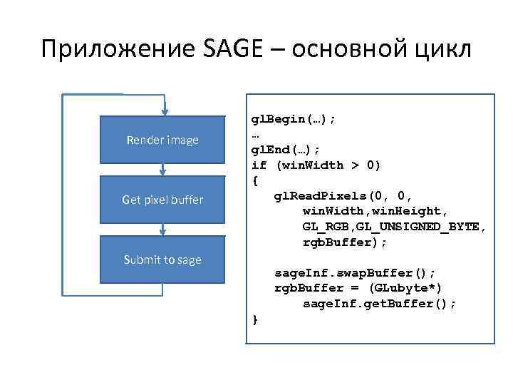 Приложение SAGE – основной цикл Render image Get pixel buffer gl. Begin(…); … gl.