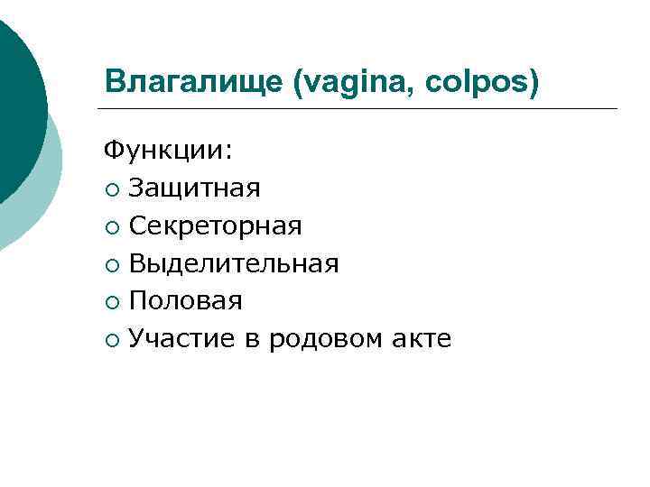 Влагалище (vagina, colpos) Функции: ¡ Защитная ¡ Секреторная ¡ Выделительная ¡ Половая ¡ Участие