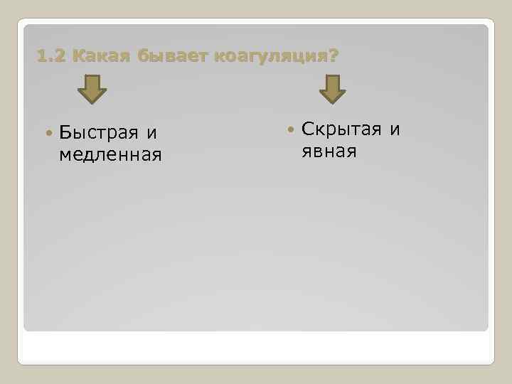 1. 2 Какая бывает коагуляция? Быстрая и медленная Скрытая и явная 