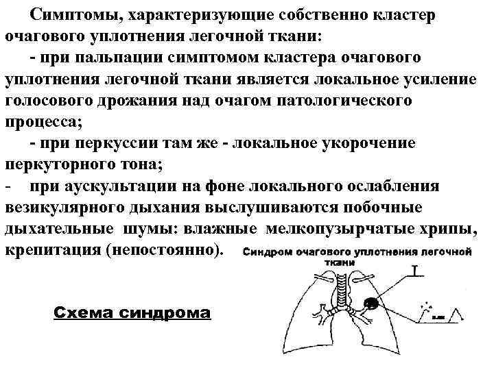 Симптомы, характеризующие собственно кластер очагового уплотнения легочной ткани: - при пальпации симптомом кластера очагового