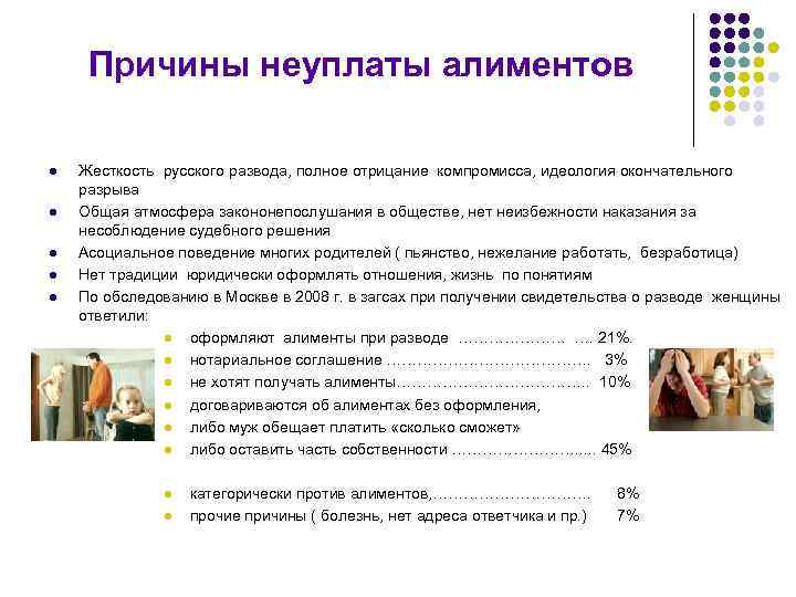 Причины неуплаты алиментов l l l Жесткость русского развода, полное отрицание компромисса, идеология окончательного