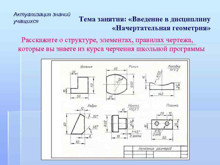 Актуализация знаний учащихся Тема занятия: «Введение в дисциплину «Начертательная геометрия» Расскажите о структуре, элементах,