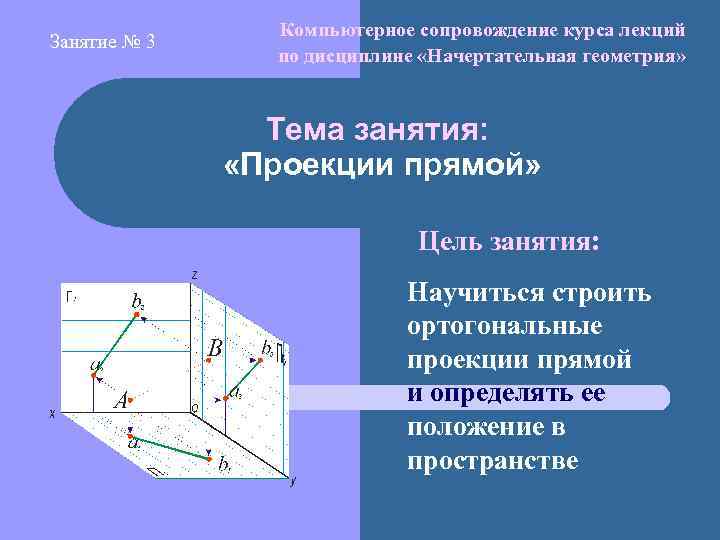 Занятие № 3 Компьютерное сопровождение курса лекций по дисциплине «Начертательная геометрия» Тема занятия: «Проекции