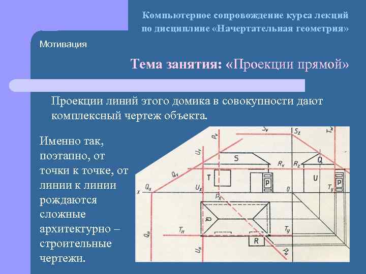 Компьютерное сопровождение курса лекций по дисциплине «Начертательная геометрия» Мотивация Тема занятия: «Проекции прямой» Проекции