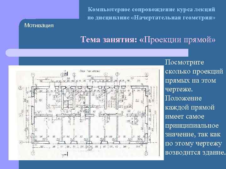 Компьютерное сопровождение курса лекций по дисциплине «Начертательная геометрия» Мотивация Тема занятия: «Проекции прямой» Посмотрите